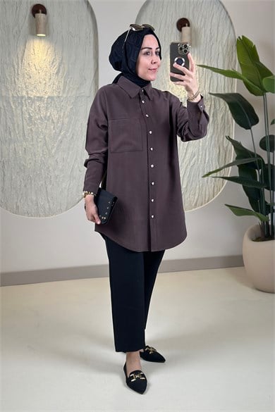 Tesettür Tunik ModelleriModal Tensel Düşük Omuz Tek Cepli Kadın Tunik Kahverengi KADO 268254