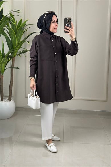 Tesettür Tunik ModelleriÖnü Çıtçıtlı Yanları Patlı Düşük Omuz Kadın Tunik Acı Kahve EYL 2086