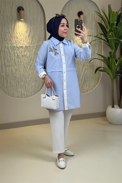 Tesettür Tunik ModelleriÖnü Düğmeli Çizgili Taş Detaylı Poplin Kadın Gömlek Tunik Pembe MLH 2767