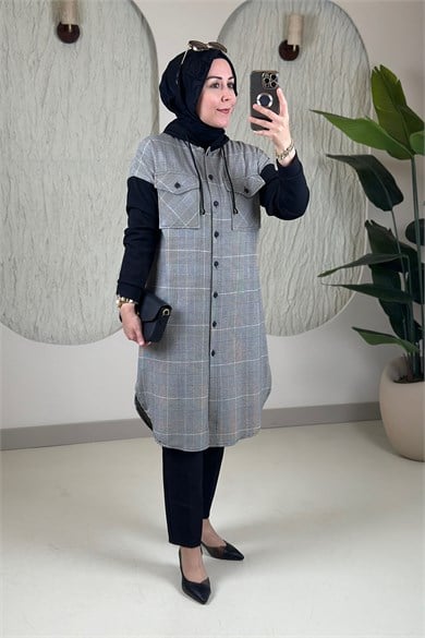 Tesettür Tunik ModelleriÖnü Düğmeli Desenli Düşük Omuz Kadın Tunik Siyah/Bordo ALS 4679