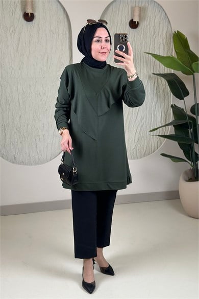 Tesettür Tunik ModelleriÖnü Fırfır Detaylı İnce Oysho Kadın Tunik Haki KADO 268504 