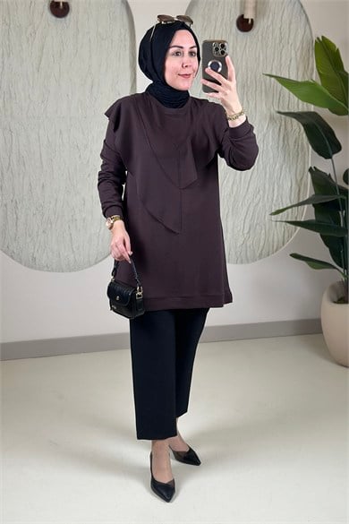 Tesettür Tunik ModelleriÖnü Fırfır Detaylı İnce Oysho Kadın Tunik Kahverengi KADO 268504 