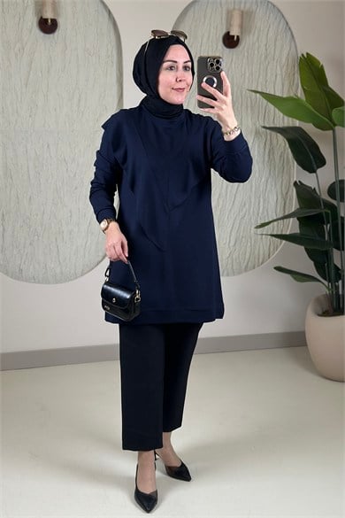 Tesettür Tunik ModelleriÖnü Fırfır Detaylı İnce Oysho Kadın Tunik Lacivert KADO 268504 