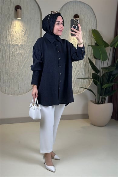 Tesettür Tunik ModelleriÖnü Füğmeli Düşük Omuz Oversize Kadın Tunik Siyah KADO 262062