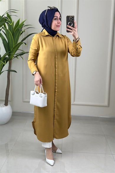 Tesettür Tunik ModelleriÖnü Gizli Düğmeli Uzun Basic Kadın Tunik Safran ALDY 53007