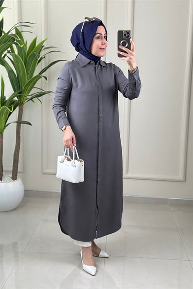 Tesettür Tunik ModelleriÖnü Gizli Düğmeli Uzun Basic Kadın Tunik Antrasit ALDY 53007