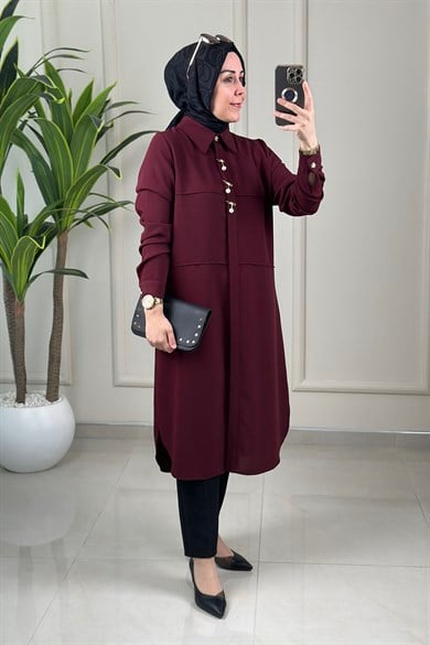 Tesettür Tunik ModelleriÖnü Gizli Düğmeli Broş Detaylı Kadın Tunik Bordo MLH 2618