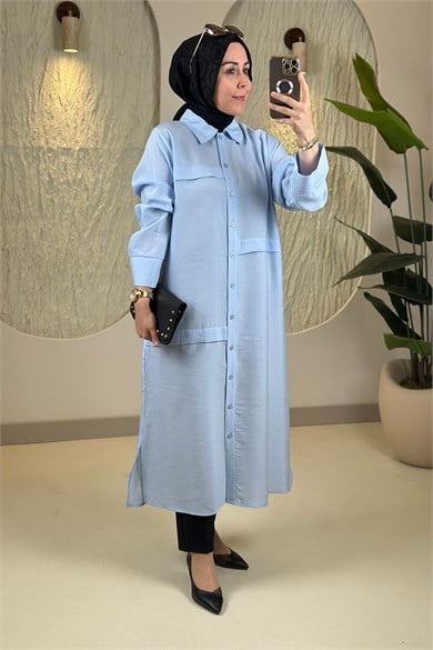 Tesettür Tunik ModelleriÖnü Şerit Allerli Düğmeli Uzun Kadın Tunik Bebe Mavisi EYL 2211