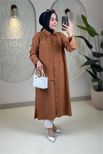 Tesettür Tunik ModelleriÖnü Şerit Allerli Düğmeli Uzun Kadın Tunik Kiremit EYL 2211