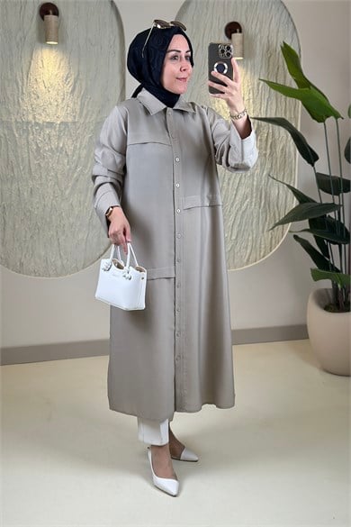 Tesettür Tunik ModelleriÖnü Şerit Allerli Düğmeli Uzun Kadın Tunik Taş EYL 2211