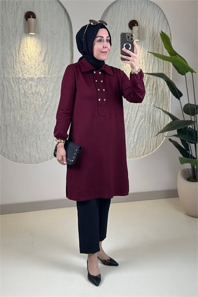 Tesettür Tunik ModelleriÖnü Yarım Çift Düğmeli Yakalı Kolu Büzgülü Kadın Tunik Bordo KADO 268184