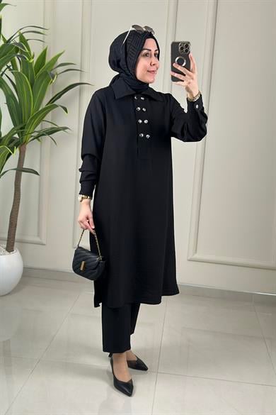 Tesettür Tunik ModelleriÖnü Yarım Çift Düğmeli Kol Manşetli Kadın Tunik Siyah KADO 262620