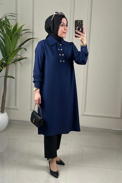 Tesettür Tunik ModelleriÖnü Yarım Çift Düğmeli Kol Manşetli Kadın Tunik Lacivert KADO 262620