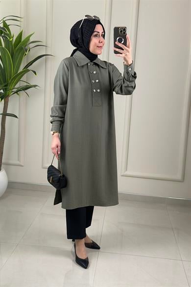 Tesettür Tunik ModelleriÖnü Yarım Çift Düğmeli Kol Manşetli Kadın Tunik Haki KADO 262620