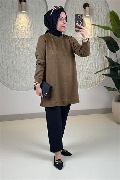 Tesettür Tunik ModelleriOysho Önü Serpme Taş Detaylı Kadın Tunik Yağ Yeşili KADO 268496
