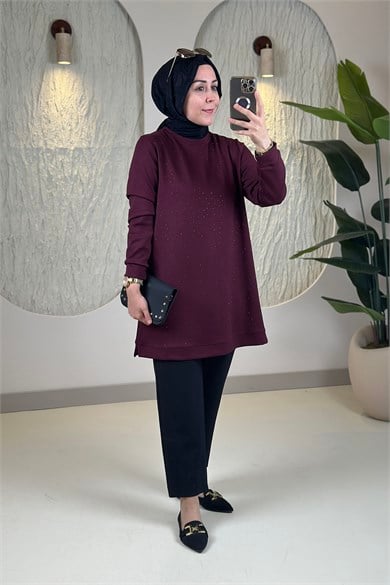 Tesettür Tunik ModelleriOysho Önü Serpme Taş Detaylı Kadın Tunik Mürdüm KADO 268496