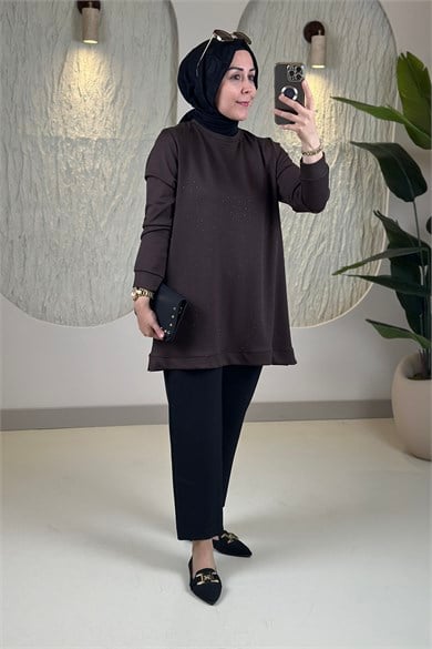 Tesettür Tunik ModelleriOysho Önü Serpme Taş Detaylı Kadın Tunik Acı Kahve KADO 268496