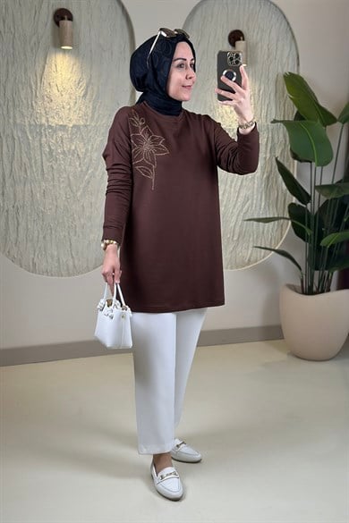 Tesettür Tunik ModelleriOysho Taş Detaylı Düşük Omuz Kadın Tunik Kahverengi KADO 268198