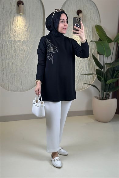Tesettür Tunik ModelleriOysho Taş Detaylı Düşük Omuz Kadın Tunik Siyah KADO 268198