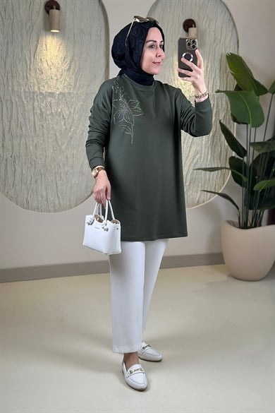 Tesettür Tunik ModelleriOysho Taş Detaylı Düşük Omuz Kadın Tunik Haki KADO 268198