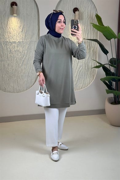 Tesettür Tunik ModelleriPike Kumaş Biye Detaylı Basic Kadın Tunik Yeşil KADO 268528