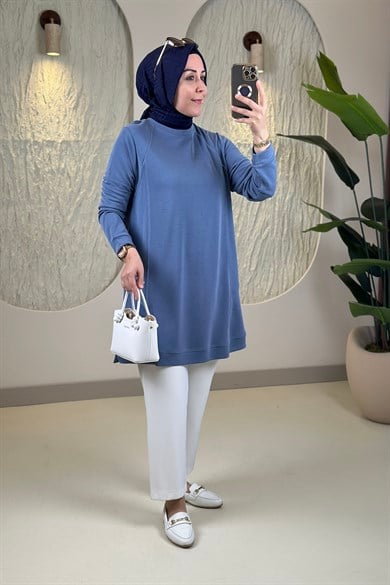 Tesettür Tunik ModelleriPike Kumaş Biye Detaylı Basic Kadın Tunik Mavi KADO 268528