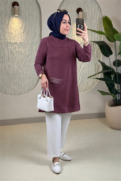 Tesettür Tunik ModelleriPike Kumaş Biyeli Kapak Cep Taş Detaylı Kadın Tunik Mürdüm KADO 268242 