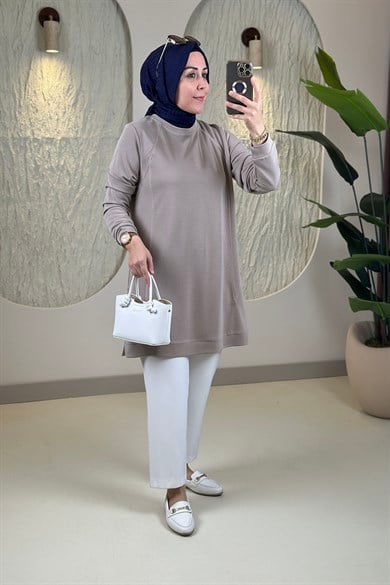 Tesettür Tunik ModelleriPike Kumaş Biye Detaylı Basic Kadın Tunik Açık Vizon KADO 268528