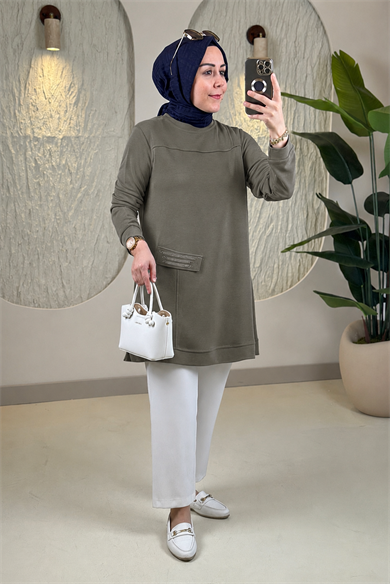 Tesettür Tunik ModelleriPike Kumaş Biyeli Kapak Cep Taş Detaylı Kadın Tunik Yeşil KADO 268242 