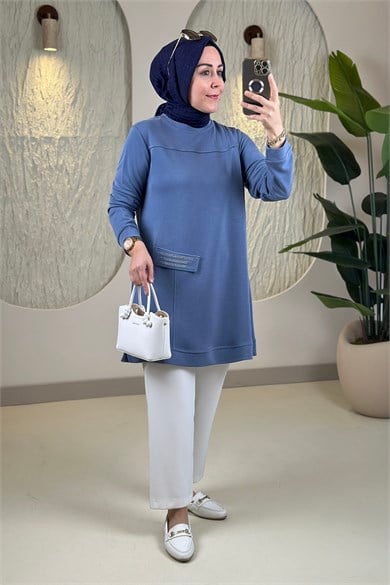 Tesettür Tunik ModelleriPike Kumaş Biyeli Kapak Cep Taş Detaylı Kadın Tunik Mavi KADO 268242 