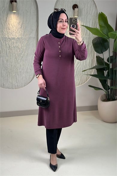 Tesettür Tunik ModelleriPike Kumaş Önü Biye Düğmeli Kadın Tunik Mürdüm KADO 268262