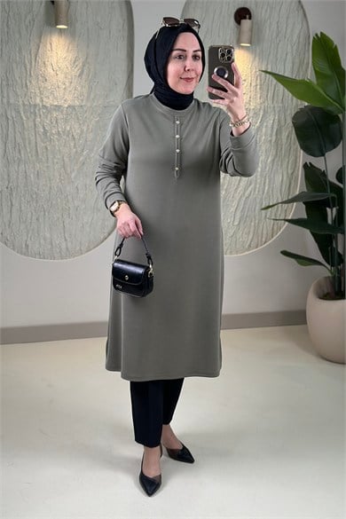 Tesettür Tunik ModelleriPike Kumaş Önü Biye Düğmeli Kadın Tunik Yeşil KADO 268262