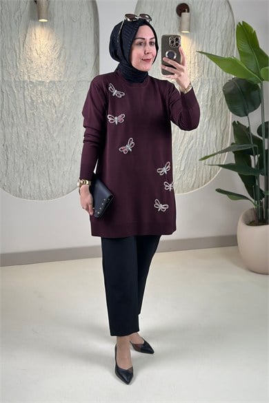 Tesettür Tunik ModelleriPulpayet ve Boncuk Kelebek Nakış İşlemeli Kadın Triko Tunik Bordo SFF 2008