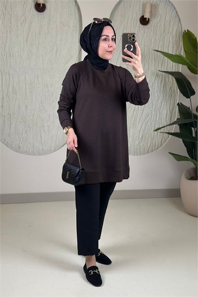 Tesettür Tunik ModelleriReglan Kol Önü Serpme Taş Detaylı Kadın Tunik Kahverengi KADO 268190