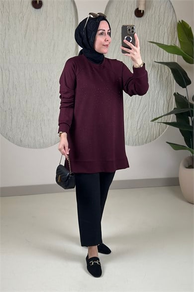 Tesettür Tunik ModelleriReglan Kol Önü Serpme Taş Detaylı Kadın Tunik Mürdüm KADO 268190