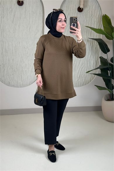 Tesettür Tunik ModelleriReglan Kol Önü Serpme Taş Detaylı Kadın Tunik Yağ Yeşili KADO 268190