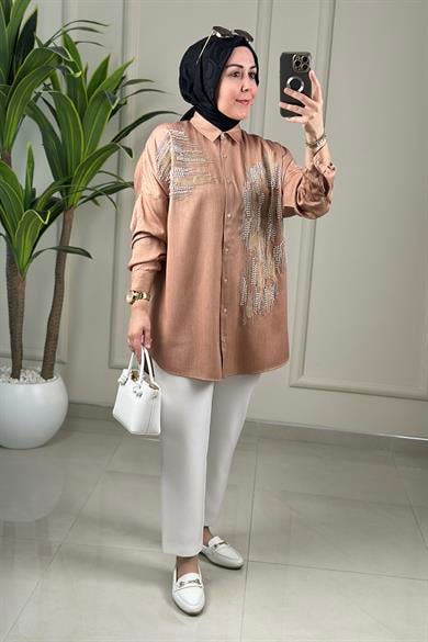 Tesettür Tunik ModelleriTensel Düşük Omuz Boncuk İşlemeli Kadın Tunik Somon SLN 5457