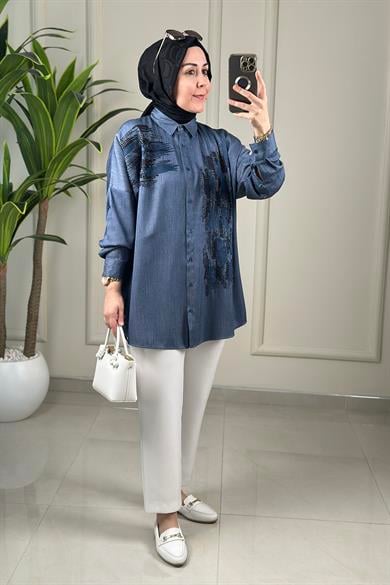 Tesettür Tunik ModelleriTensel Düşük Omuz Boncuk İşlemeli Kadın Tunik Lacivert SLN 5457