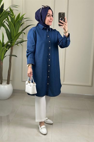 Tesettür Tunik ModelleriTensel Kot Önü Düğmeli Manşet Kol Kadın Tunik Koyu Mavi ALDY 56008