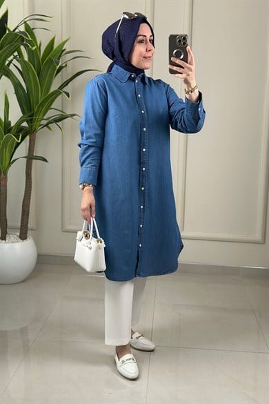 Tesettür Tunik ModelleriTensel Kot Önü Düğmeli Manşet Kol Kadın Tunik Açık Mavi ALDY 56008