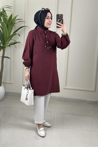 Tesettür Tunik ModelleriTensel Kupra Önü Düğmeli Kolu Lastikli Cepli Kadın Tunik Bordo EYL 2110
