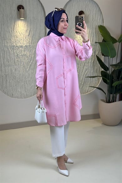 Tesettür Tunik ModelleriTensel Önü Düğmeli Şerit Kombinli Kadın Tunik Pembe EYL 2219