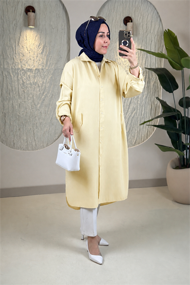 Tesettür Tunik ModelleriTensel Önü Düğmeli Katlama Kol Kadın Tunik Sarı EYL 1980
