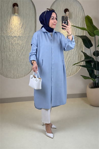 Tesettür Tunik ModelleriTensel Önü Düğmeli Katlama Kol Kadın Tunik Mavi EYL 1980