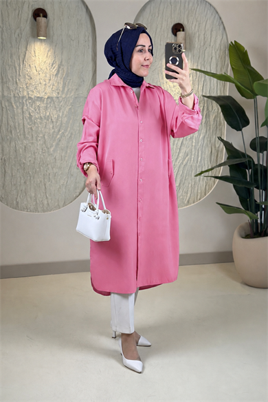 Tesettür Tunik ModelleriTensel Önü Düğmeli Katlama Kol Kadın Tunik Pembe EYL 1980