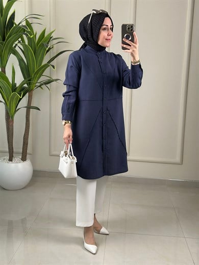 Tesettür Tunik ModelleriTensel Önü Düğmeli Biye Detaylı Kadın Tunik Lacivert MGZN 4325