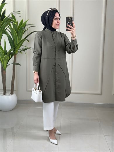 Tesettür Tunik ModelleriTensel Önü Düğmeli Biye Detaylı Kadın Tunik Haki MGZN 4325