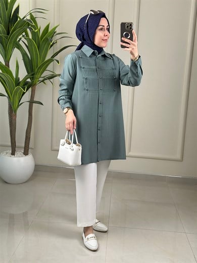 Tesettür Tunik ModelleriTensel Önü Nervürlü Düğme Detaylı Kadın Tunik Mint Yeşili EYL 2182