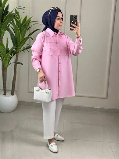 Tesettür Tunik ModelleriTensel Önü Nervürlü Düğme Detaylı Kadın Tunik Pembe EYL 2182