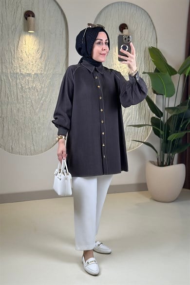 Tesettür Tunik ModelleriTensel Reglan Kol Örgü Kemerli Kadın Tunik Acı Kahve EYL 2172